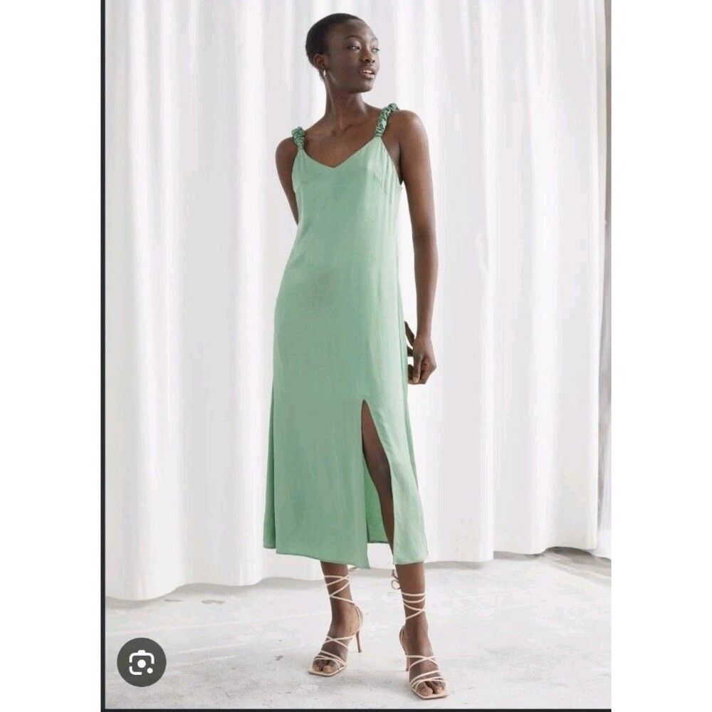 & Other Stories Atelier Midi Satin Slip Dress Green Size 6 Strappy Feminine
